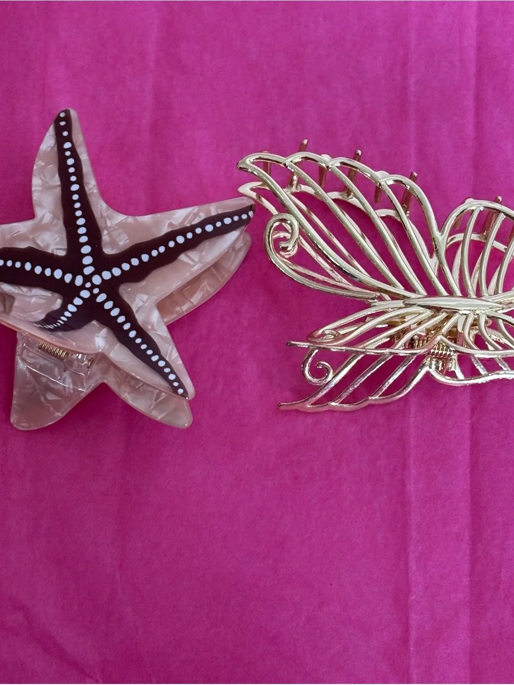 Butterfly Gold Leaf Claw Clip paired with a Pink and Brown Starfish Clip Set 2